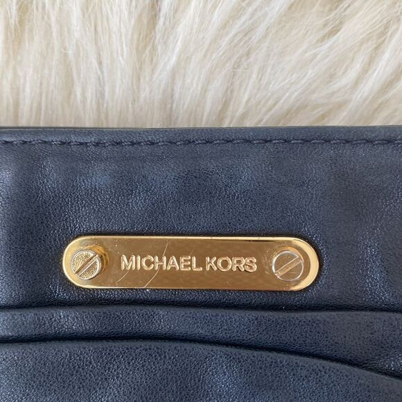 Michael Kors black leather scrunched design clutch with gold accents New… - Picture 2 of 10